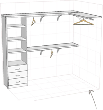 Walk-in wardrobe (L shape as per drawing) to fit a space 2400L x 1600w = approx. $950 including installation and GST.